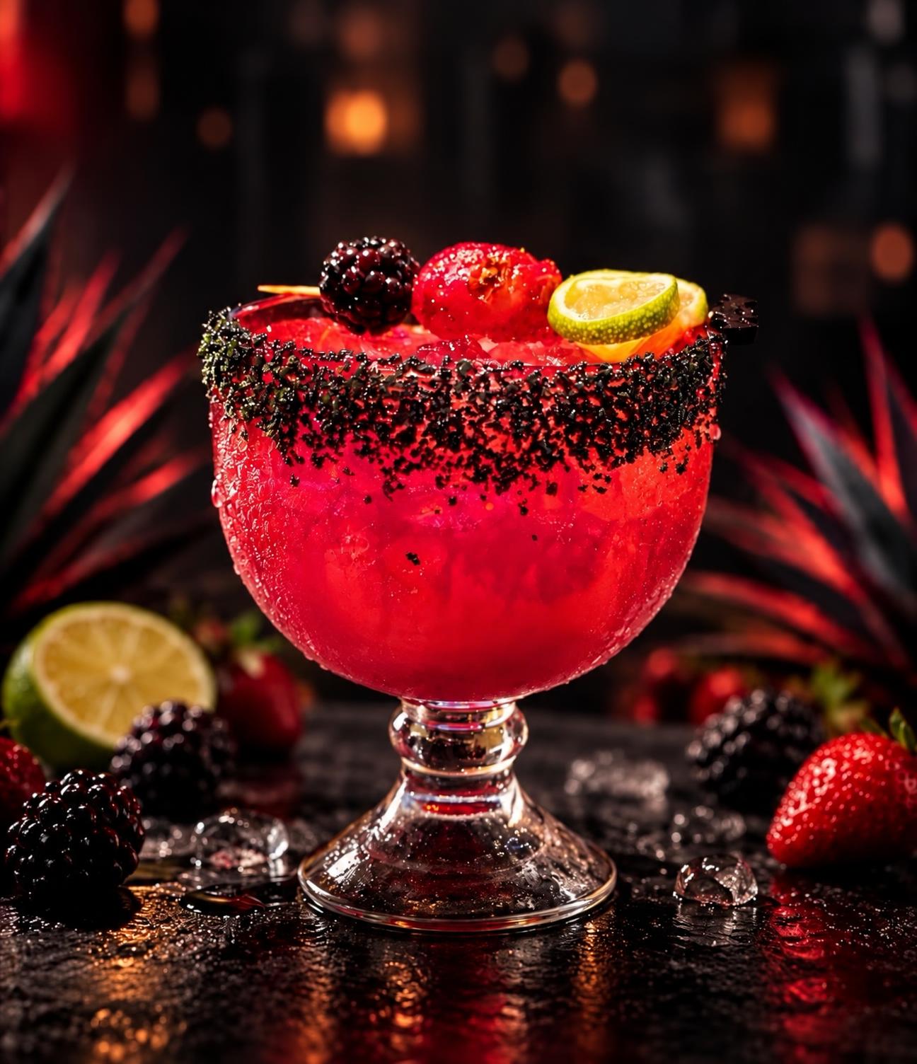 Berry Scary Margarita with black sugar rim and fresh berries