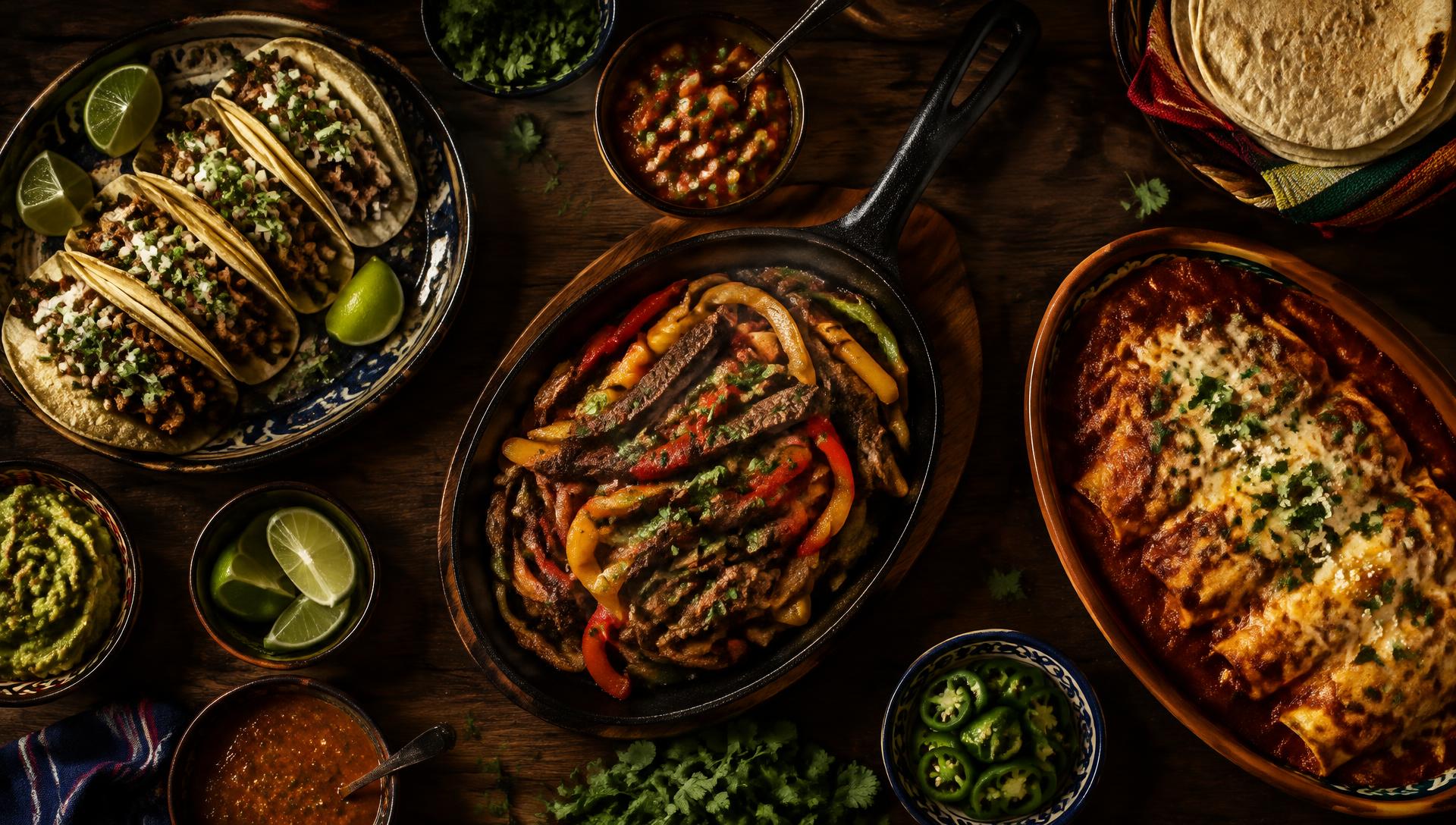 Table of tacos, sizzling fajitas, enchiladas and fresh salsa