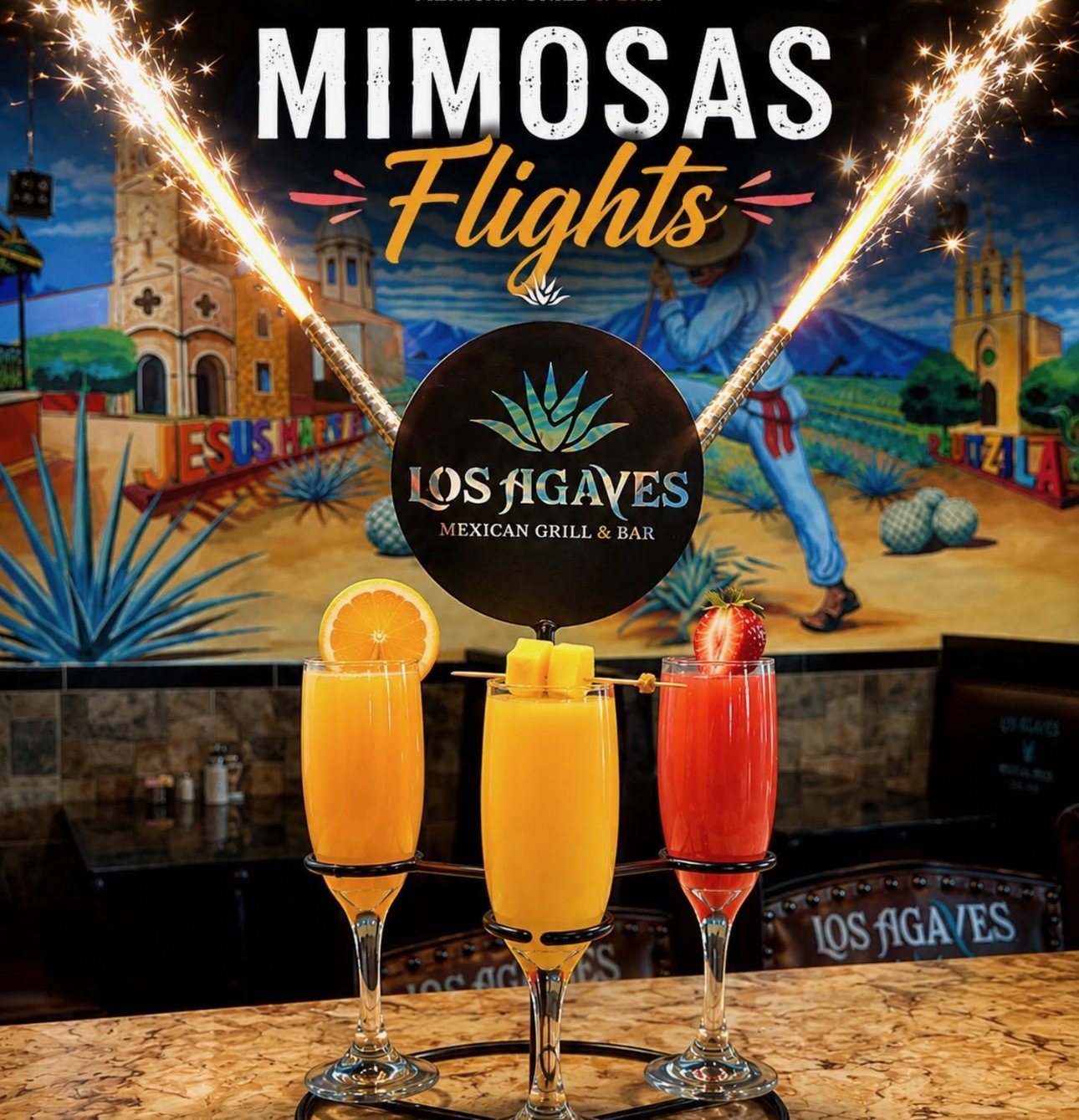 Mimosa flight with sparklers in front of the Los Agaves mural
